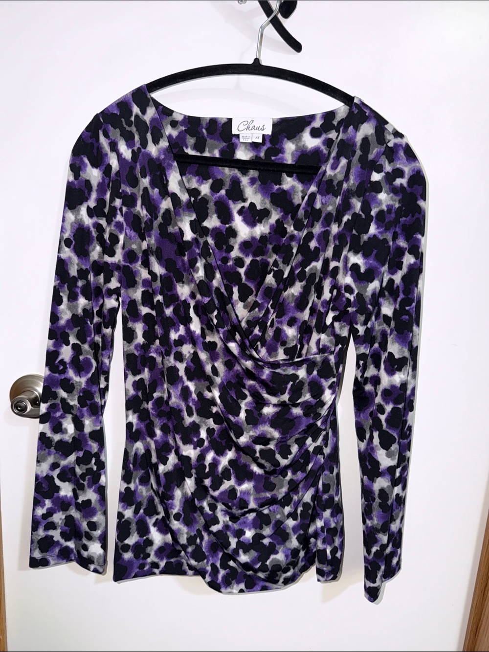 Chaus Purple and Black Leopard-Print Draped Long Sleeve Top